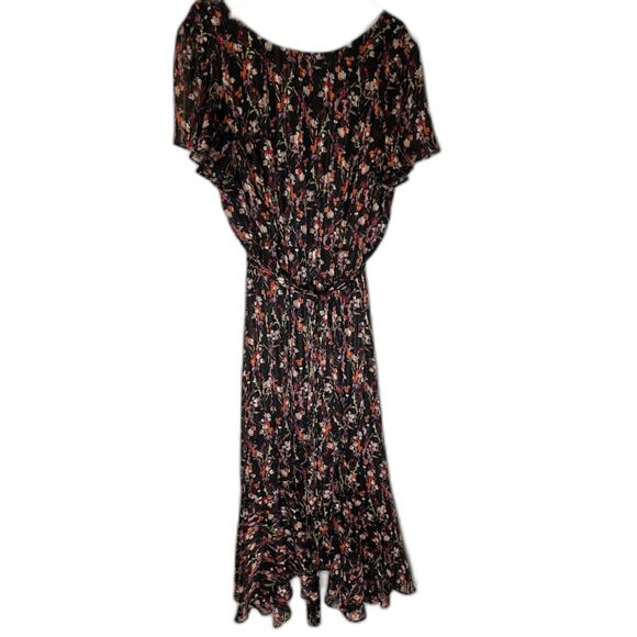 Lane Bryant 20 Black Metallic Floral Hi-Lo Dress V-Neck Ruffle Flutter Slve Belt - Picture 4 of 4